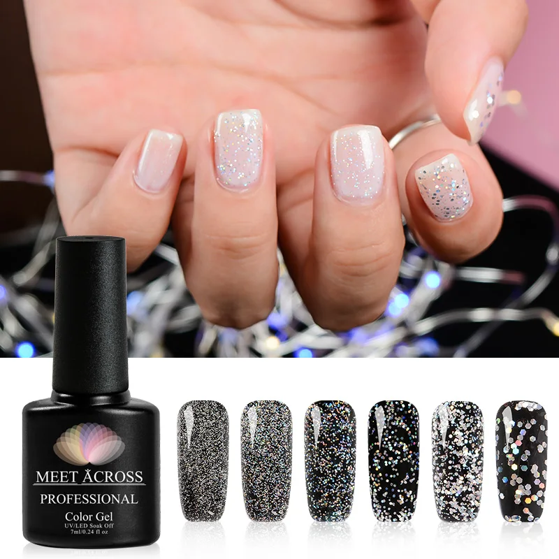 

MEET ACROSS 7ML Holographic Glitter Silver Laser Sequins Shimmer Nails Gel Polish Soak Off UV LED Varnish Nail Art Lacquer