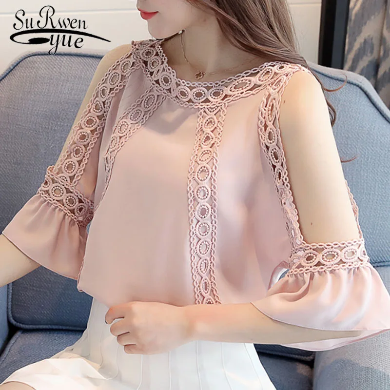 

Women blouses and tops 2019 summer fashion new sexy shoulder chiffon lady shirt trumpet flower openwork lace top woman 3470 50