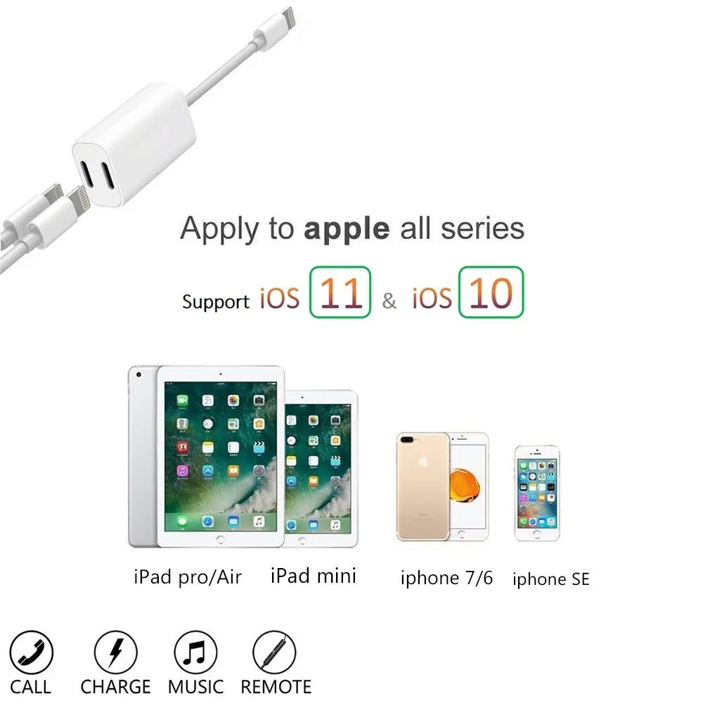 FOXSUN Dual for Lightning adapter Headphone Jack Audio and Charge Splitter for iPhone X 8 7 Support Music and Calling Function