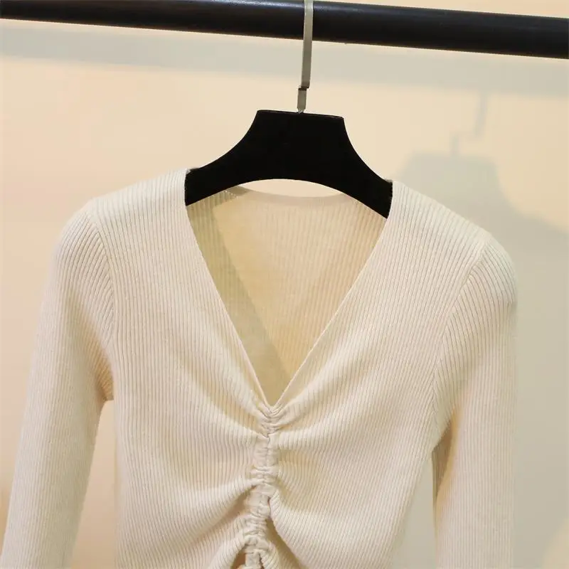 Casual Lace Up Knitted Sweater Women Skinny Slim Knitting Pull Femme Jumper Crop Top Winter Sweater Tricot Pullover Candy Colors (5)