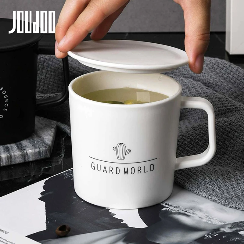 

JOUDOO Plastic Mugs With Lid Black White Cactus Love Pattern Water Cup BPA Free Office Coffee Milk Drinkware Mugs Couple Gift 35