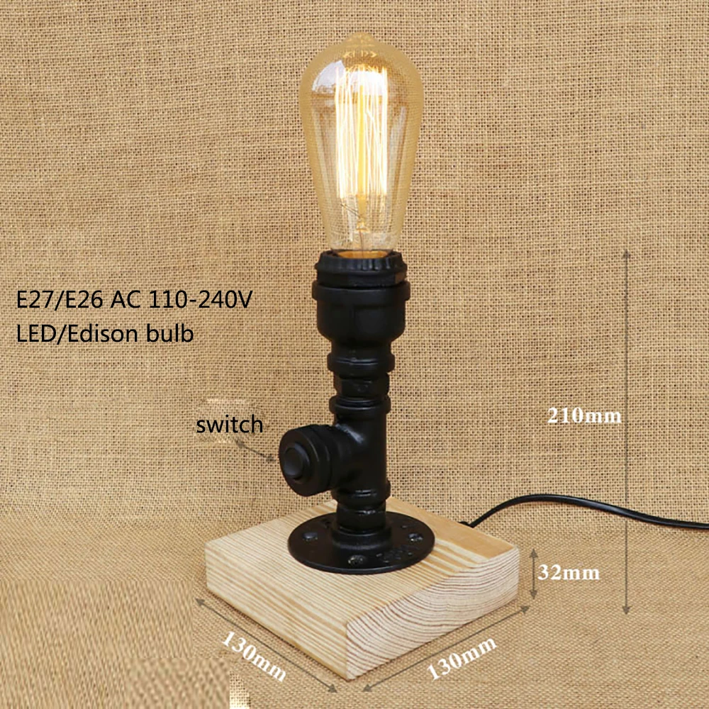 Vintage retro black workroom water pipe steam punk table lamp with switch e27 led lights for bedroom bedside office study