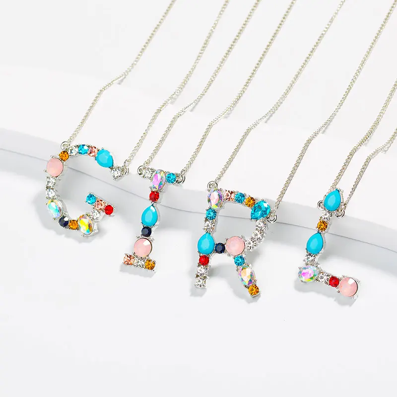 

26 Initial Letters Necklace Micro Pave Rainbow CZ Zircon Alphabet Pendant Silver Necklace Women's Fashion Jewelry Dropshipping