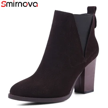 

Smirnova 2018 HOT fashion ankle boots round toe thick high heels suede genuine leather boots sewing black pink women boots