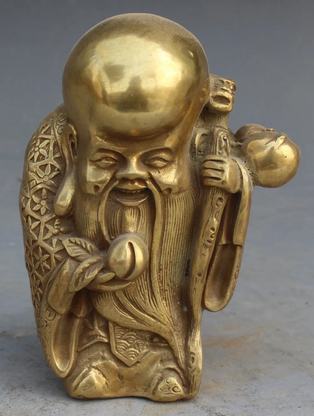 

664++Signed Chinese Brass Carved ShouXing Shou Star Gourd Longevity God Peach Statue