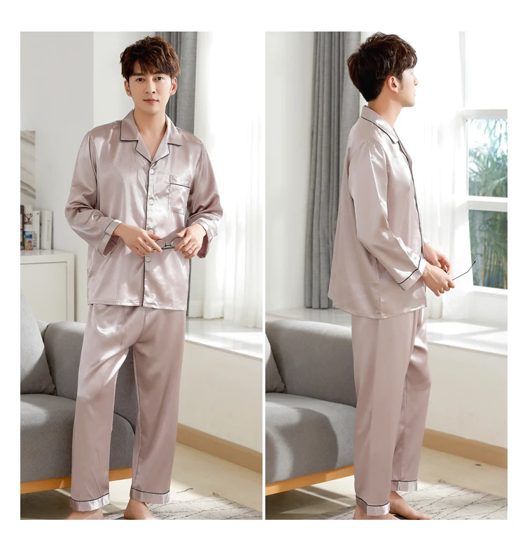 Middle Aged Men's Spring Autumn Pajamas Suits Two Piece Fake Silk Pajama Thin Night Wearing Clothes For Men 2018 New JW330 (12)
