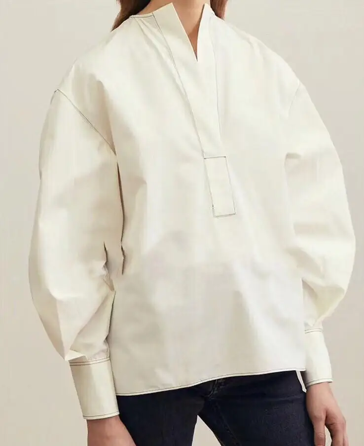 

White Arras Blouse Cotton V-neck Drop Shoulder visible Top stitch Long Sleeves Buttoned Cuff Fashion Woman Clothing 2019