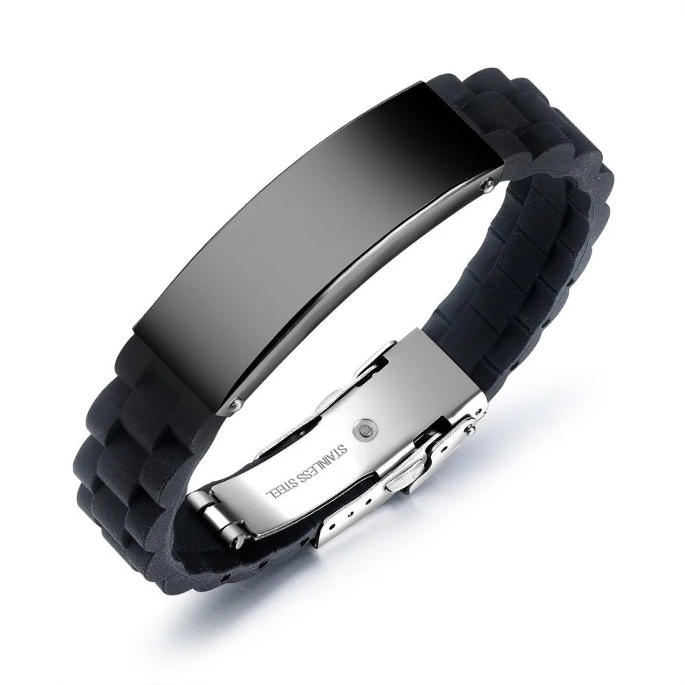 FATE LOVE Brand Fashion Jewelry Boy Men ID Bracelet Wristband Bangles Silicone + Stainless steel in Silver Black color