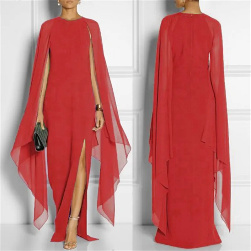 Осенне-зимние вечерние платья для женщин, Модное шифоновое платье с рукавом «летучая мышь», сексуальные длинные платья макси с разрезом по бокам - Цвет: Red