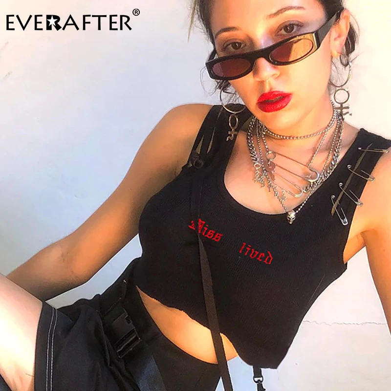 

EVERAFTER Fashion streetwear tank tops women letter embroidery hollow out slim crop top 2019 summer harajuku black tank top vest