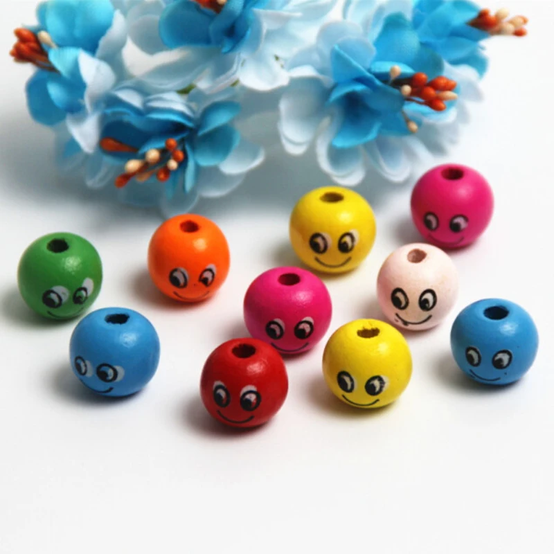 Handmade Smile Face Pattern Wood Beads 50pcs 14mm Natural Wooden Beads