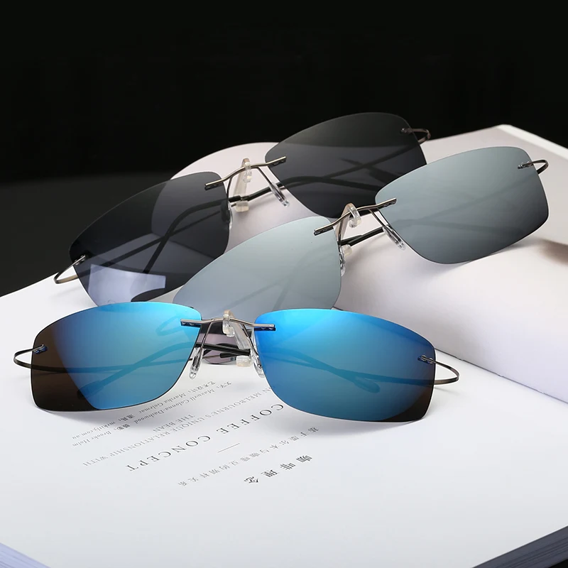 

Rimless Polarized Light Sunglasses Men Super Lighted Weight Titanium Arms Sunwear Black Blue Polarize Women Brand Designer,80