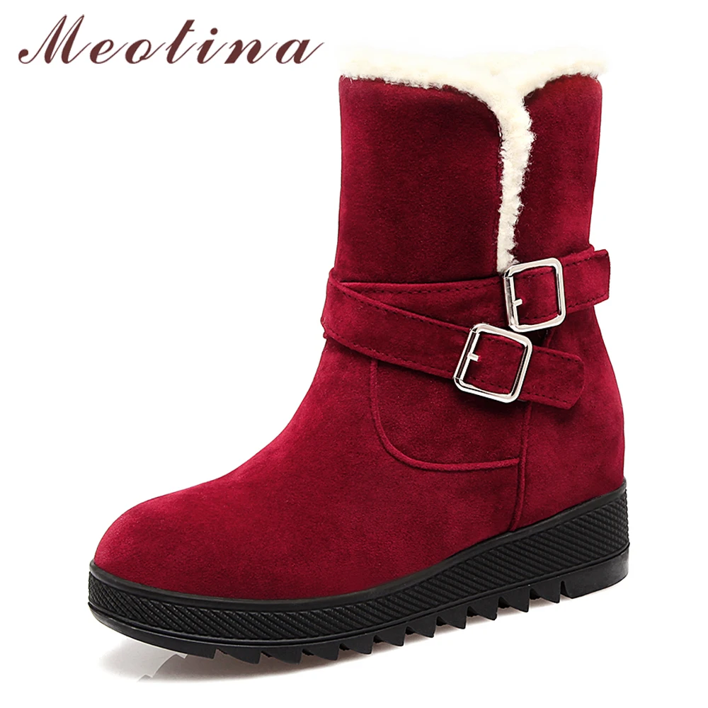 

Meotina Snow Boots Women Winter Platform Wedge Mid Calf Boots Plush Warm Buckle Ladies Boots Red Black Size 40 43