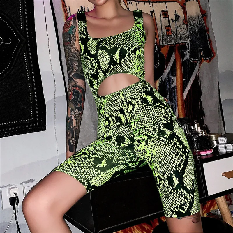 

Snake Skin Print Skinny Jumpsuit Low Cut Buckle Strap Bodycon Playsuit Women Sexy Cropped Hollow Bodysuit New Fashion Streetwear
