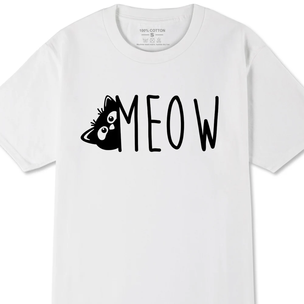 Meow Cat Print T shirt Black Gray White Cotton Ladies T shirt Women