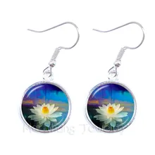 Lotus Bloem Oorbellen Mandala Foto Art Glas Cabochon Drop Heilige Geometrie Yoga Om Sieraden Mode 2018 Leuk Cadeau(China)
