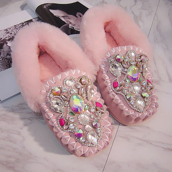 Guisantes Tipo Zapatos Casuales Mujer Cadena Cristal De Cuero Adorno As Bling Lana Pic rzwrS8