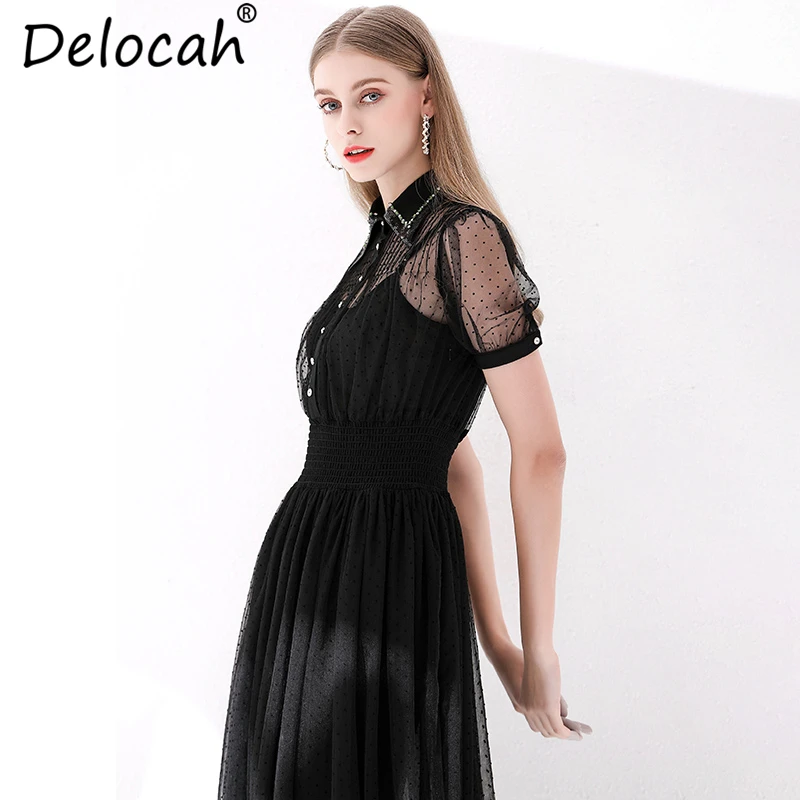 Delocah женское летнее платье для подиума модные пышные рукава Сетчатое Наложение Эластичный Талия черный элегантный повседневный отдых вечерние миди платье