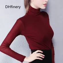 DHfinery Для женщин футболка на осень-зиму водолазка двойной газовая футболка с длинными рукавами тонкий многоцветный плюс бархат футболка sg23008