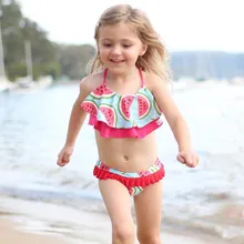 Купальники для маленьких девочек синий без рукавов с принтом с фруктами оборками Холтер слинг Разделение пляжный купальник 2 шт Купальники комплект