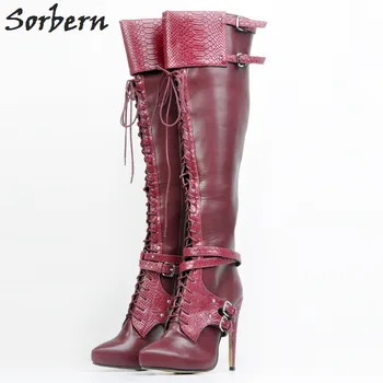 

Fashion Deep Red Women Boots Plus Size Lace Up High Thin Heels Pointed Toe 2017 Botas Mujer Zapatos Mujer Ladies Party Boots