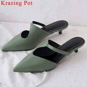 

Large size elegant lady natural leather kitten heels pointed toe oxford slip on mules concise style classic slingback pumps L25