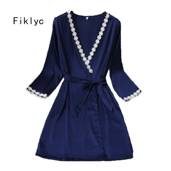 

Fiklyc brand women's robes nightwear bridesmaid wedding lace satin bathrobes long sleeve female sexy nighties with waistband HOT