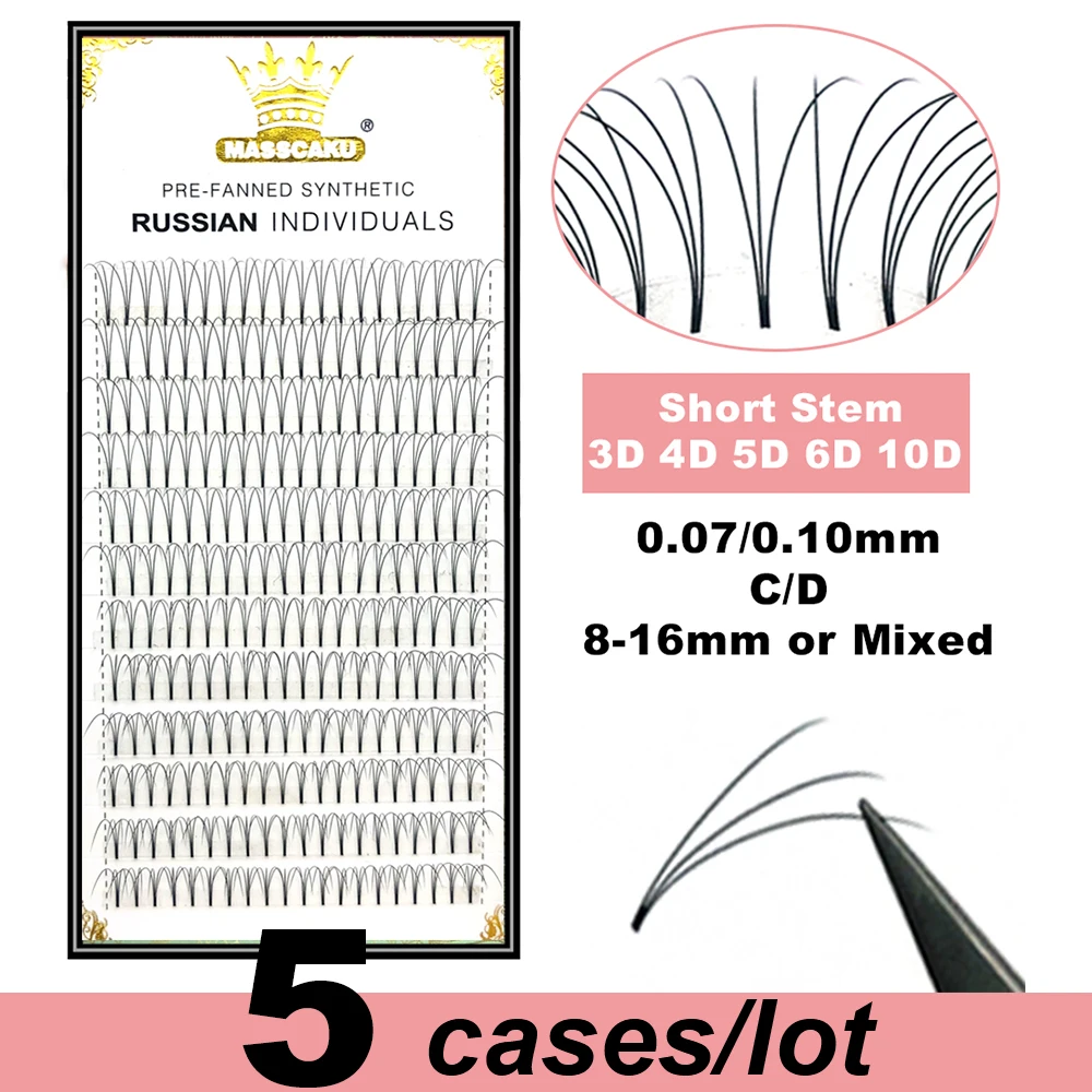 

5 cases/lot High quality 3d/4d/5d/6d/10d Short Stem Eyelashes Pre Made Volume fans Premade Russian Volume Eyelash Extention
