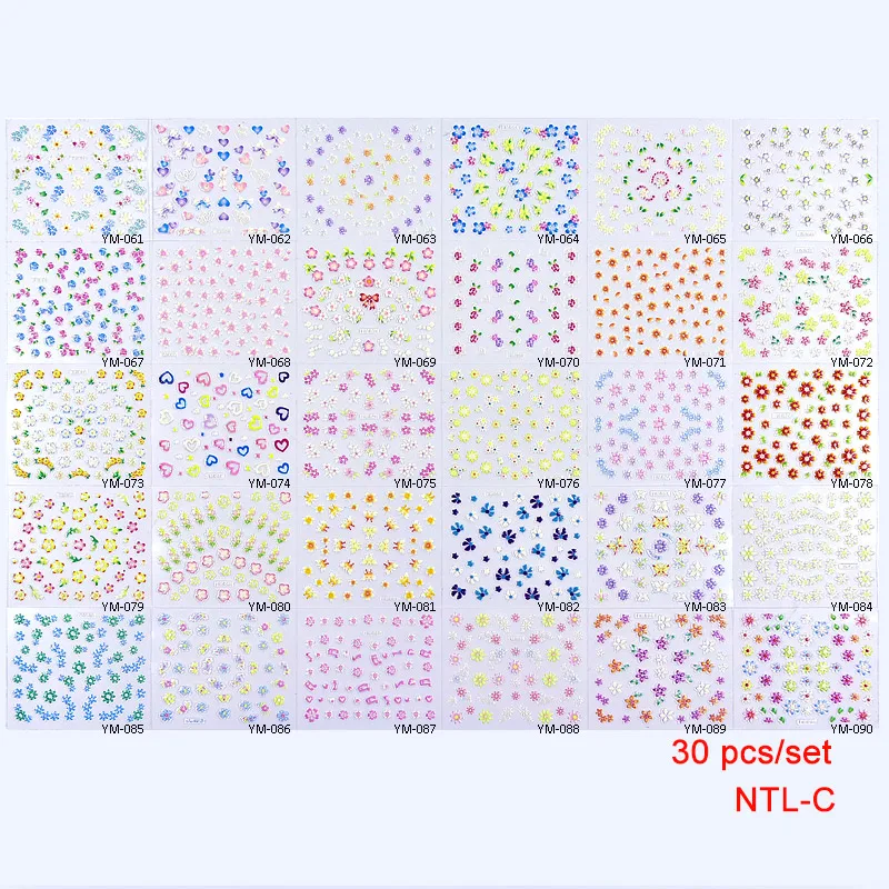 

30Sheets Nail Designs Colorful Flowers Stickers for nails, 3D Nail Art Stickers Self-Adhesive Decal (adhesive) free ship