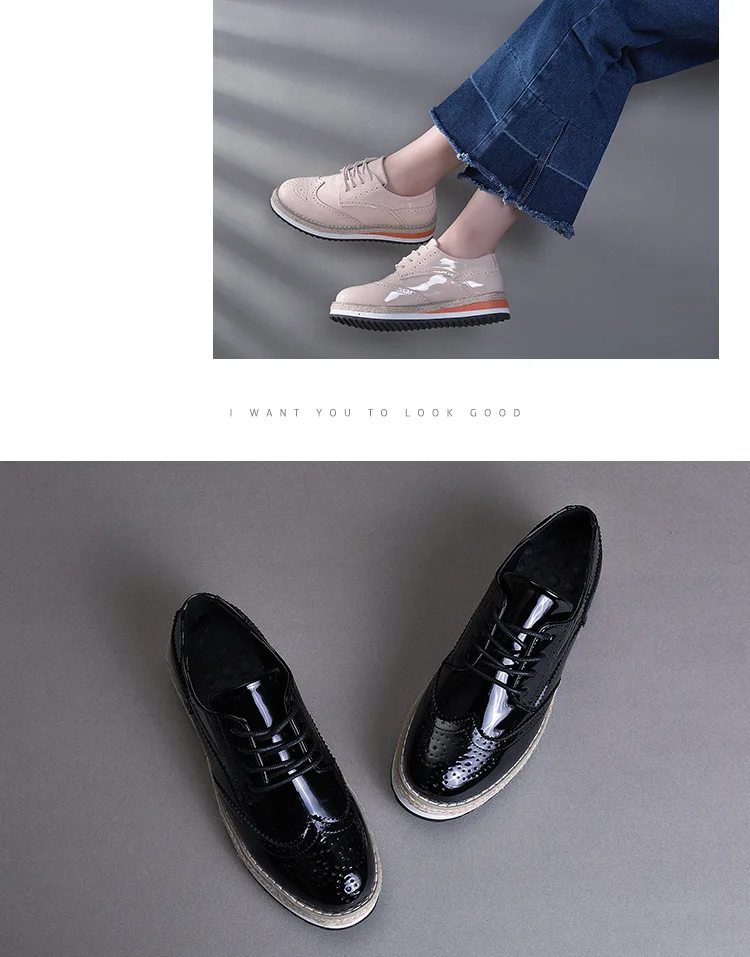 Teahoo/лакированная кожа обувь на толстой резине обувь на платформе женские туфли-оксфорды на плоской подошве для женщин модные женские броги обувь черный/телесный/розовый