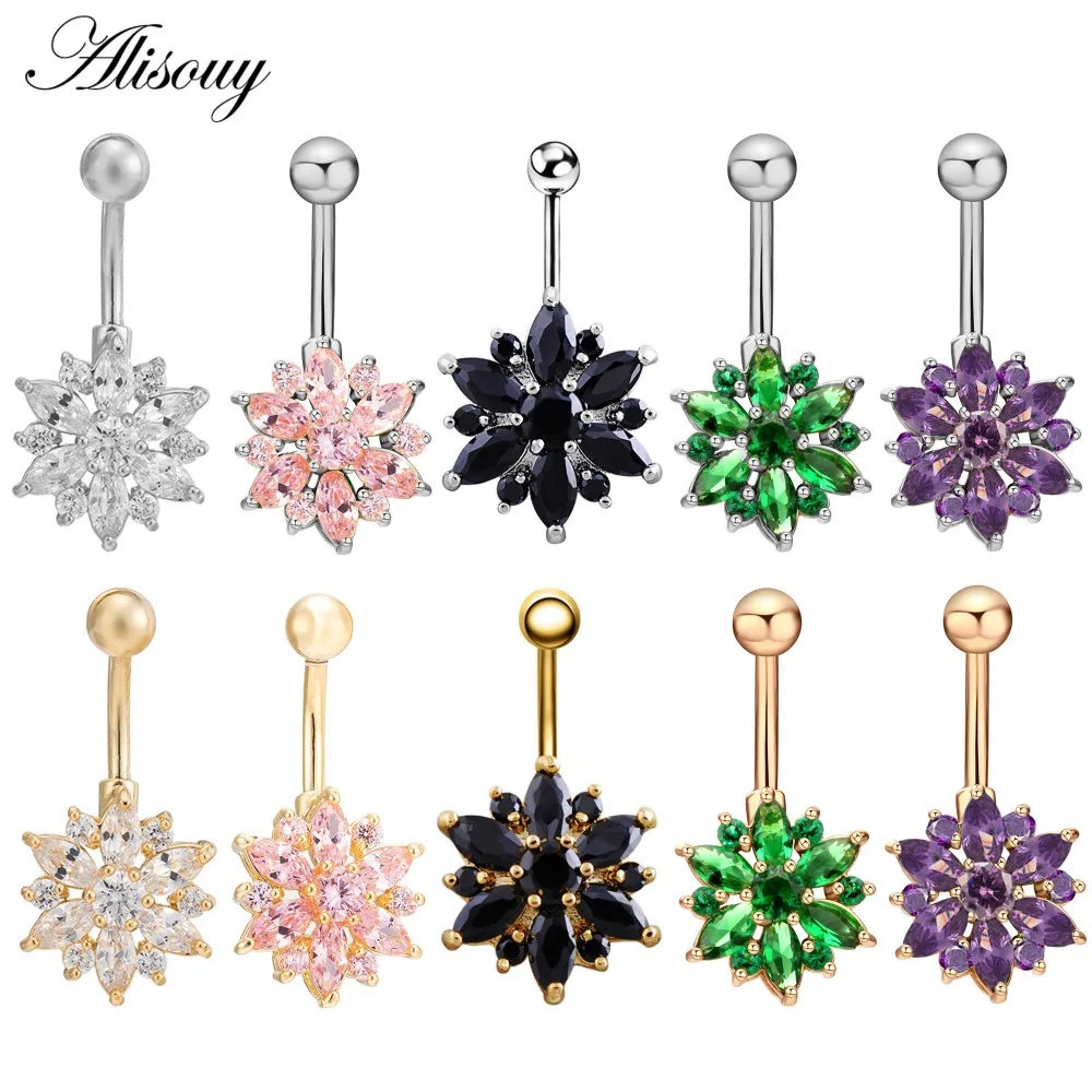 

Alisouy 1 piece 316L Stainless Steel Green Flower Crystal Navel Bars Gold Belly Button Ring Navel Piercing Jewelry 1.6*10*5*8mm