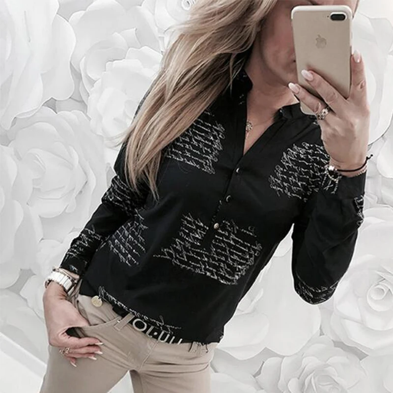 

Plus size Work Office Summer Women Blouses Letters Print Button V Neck Long Sleeve Shirt Elegant Ladies Top 2019 Korean Fashion