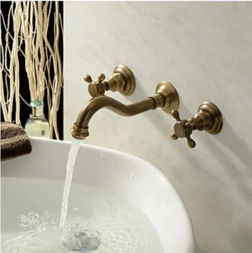 Wall Mount Dual Handles Brass Antique Basin Sink Faucet 3 Holes Bathroom Vessel Sink Mixer Taps
