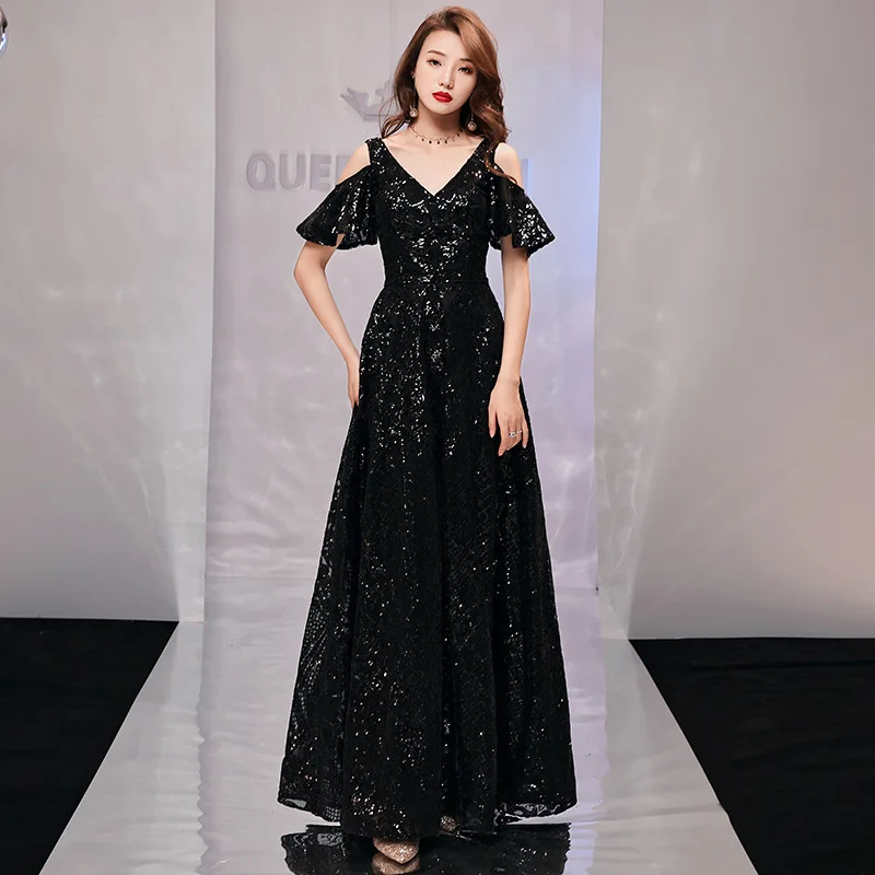 black dew shoulder Вечерние платья Элегантные водолазки It's YiiYa, вечернее платье Простые кружевные, блестками длиной до пола, А-линии на молнии назад, Вечернее платье, E395,Лето - Цвет: black dew shoulder