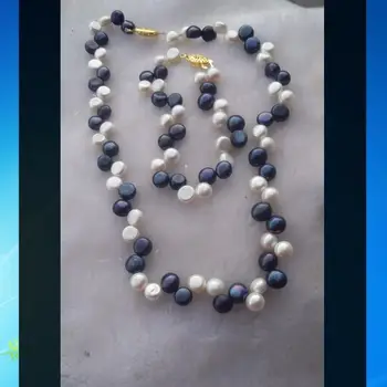 

ZHAO 7-8mm Black White pearl necklace17" bracelet 7.5" Jewelry Set
