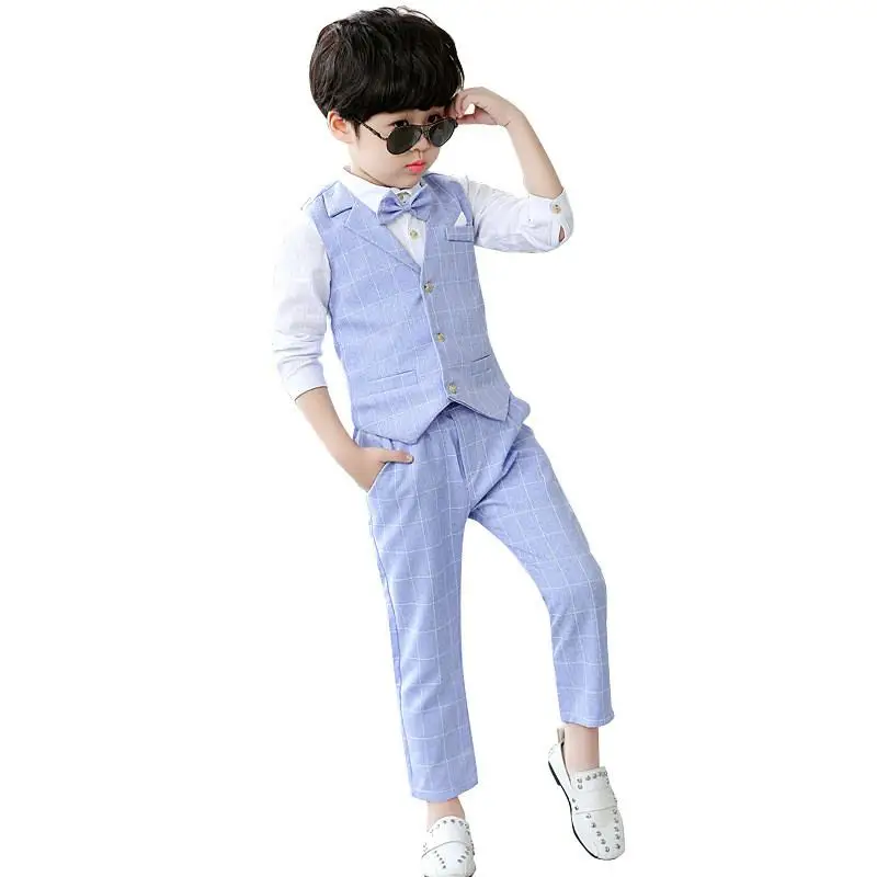 

2019 New Kids Boys Suit For Wedding Piano Party Children Boys Plaid Vest+Shirt+Pant 3Pcs Baby Boy Suits Formal Clothes Set Y182