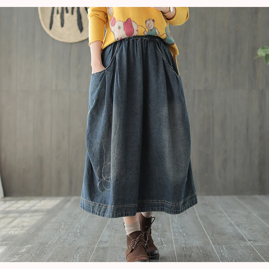 Женская джинсовая юбка ретро винтажная Повседневная модная длинная большая свободная Однотонная юбка с эластичной резинкой на талии
