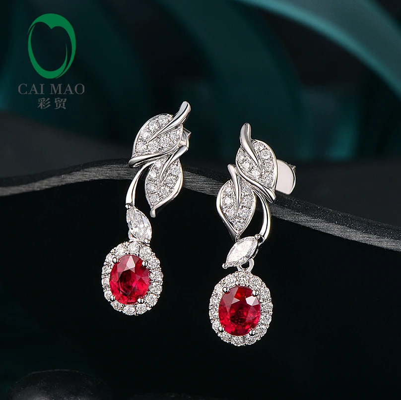 

Caimao 1.02ct Natural Red Ruby with 0.44ct Brilliant Cut Diamond 14kt White Gold Dangle Earrings for Womens