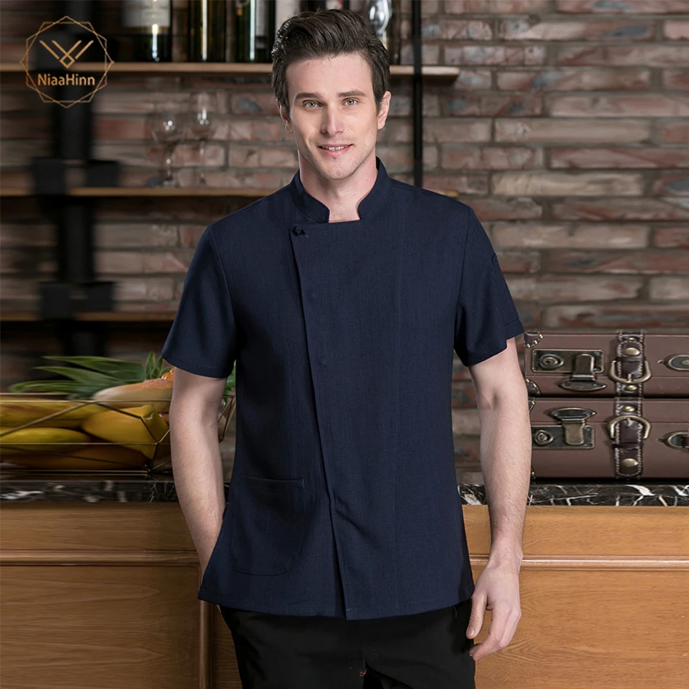 

chef coat high quality Unisex hotel uniform Chef Jackets Short Sleeve Oblique Collar Kitchen Catering Restaurant Food Serive New