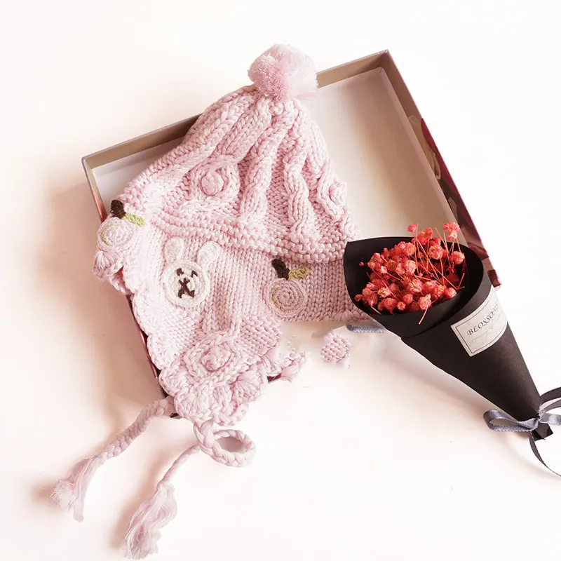 Cotton Knit Baby Girl Hat Sweet Princess Pink Earflap Cap Crocheted Autumn Winter Warm Bonnet With Cute Pompom Lovely Pattern Chinstrap Stay On (4)