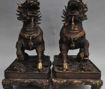 

old china bronze Exorcism Kirin Unicorn Kylin foo dog lion Guardian beast statue