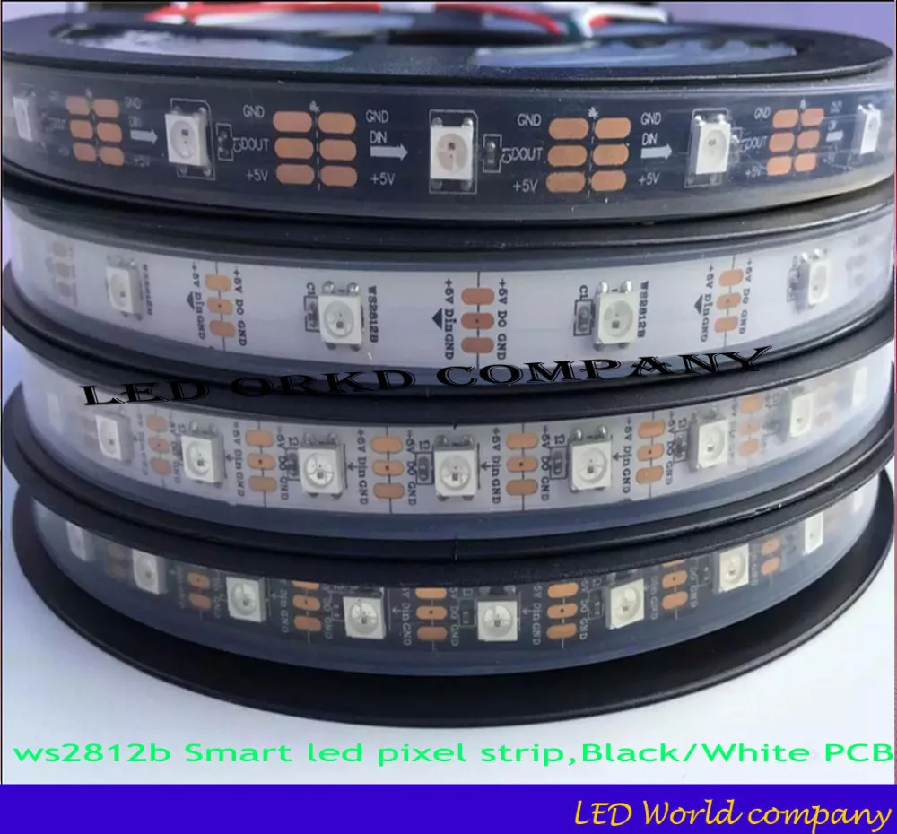 1 м/5 м WS2812B Smart led пикселей полосы, черный/белый печатных плат, 30/60/144 светодиодов/m WS2812 IC IP30/IP65/IP67 DC5V 2812B светодиодные полосы симфония