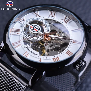 

Forsining Mechanical Watch Men Fashion Casual Openwork Wrist Watch Transparent Case Clock Men Black Stainless Steel Hook Buck