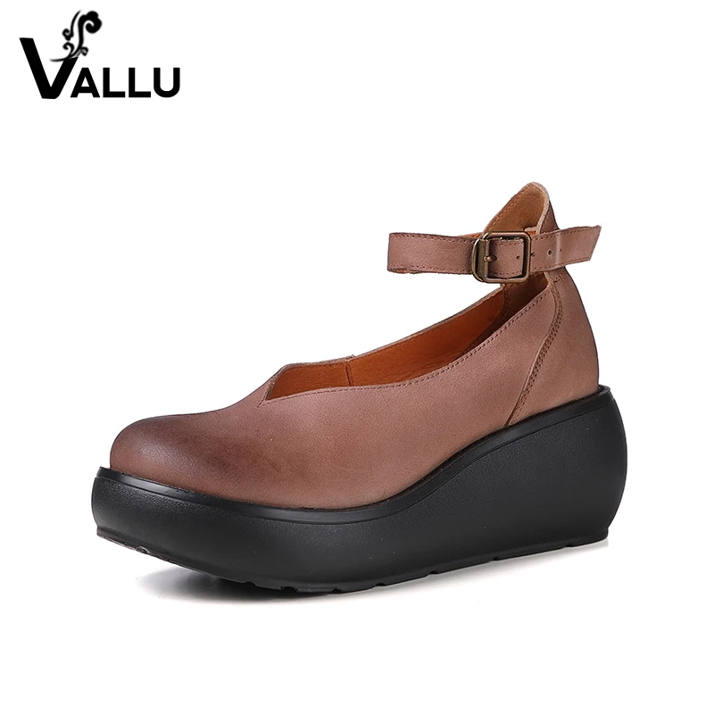 

Buckle Strap Women Sandals Shoes 2018 Genuine Leather Lady Platform Shoes Handmade Cover Toe Summer Female Wedge Shoes