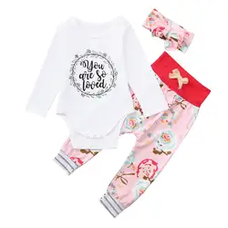 Одежда для новорожденных; одежда для маленьких девочек; комбинезон с цветочным принтом и надписью + штаны + повязка на голову; комплект