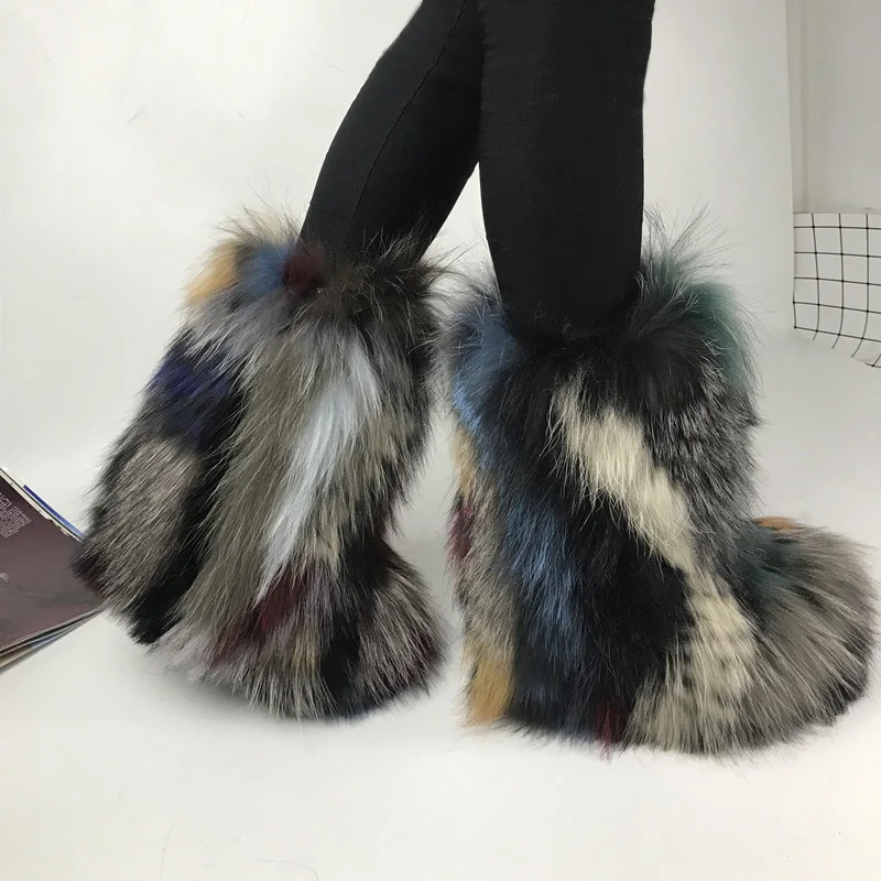 

2018 European and American top quality winter mixed color fox fur snow boots 13 cm height increasing genuine boots women's shoes