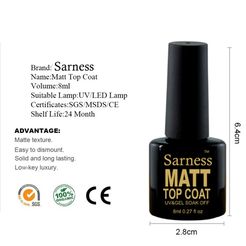 Sarness матовый УФ гель лак для ногтей Top Coat прочный Soak Off Топ пальто Lucky прозрачный