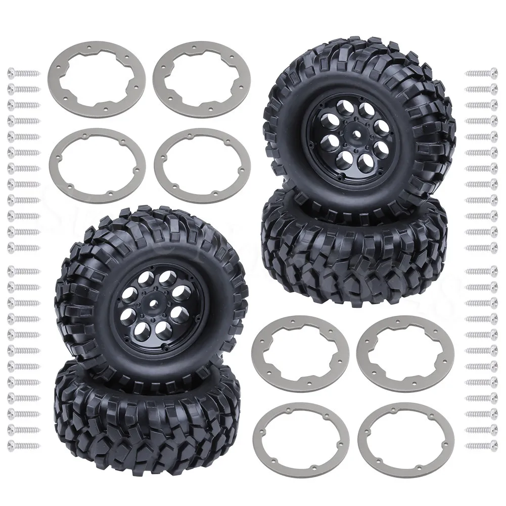 

4pcs Rubber 1.9" Beadlocks Wheels &Tires 96mm For Rc Axial SCX10 RC4wd Tamiya D90 TF2 Rock Crawler