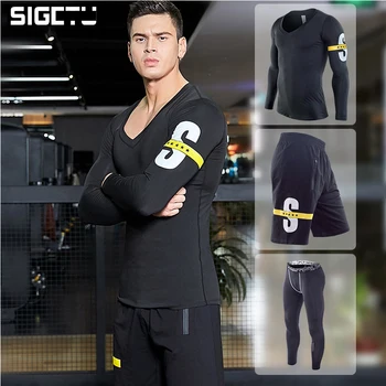 

2019 Running Set Men's Gym Clothes Stretchy Compression Tights Sportswear Fitness Training Sports Jogging Suits 3 in1 set #1830