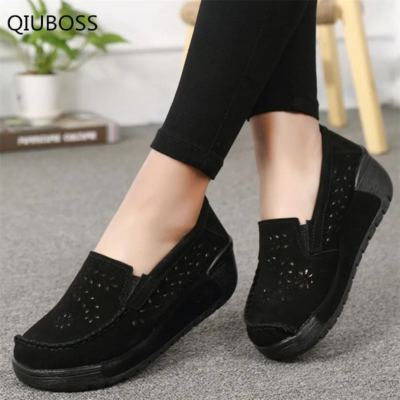 QIUBOSS/ г. Летняя женская повседневная обувь из замши без шнуровки, женская обувь на плоской платформе, женские мокасины, лоферы, обувь Q153 - Цвет: Черный